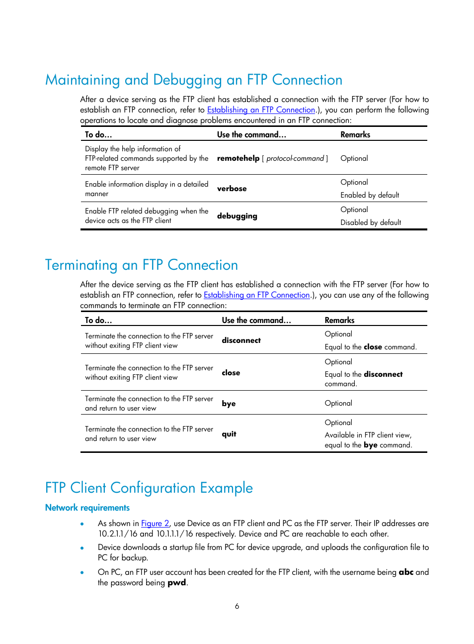 Maintaining and debugging an ftp connection, Terminating an ftp connection, Ftp client configuration example | Network requirements | H3C Technologies H3C SecPath F1000-E User Manual | Page 136 / 198