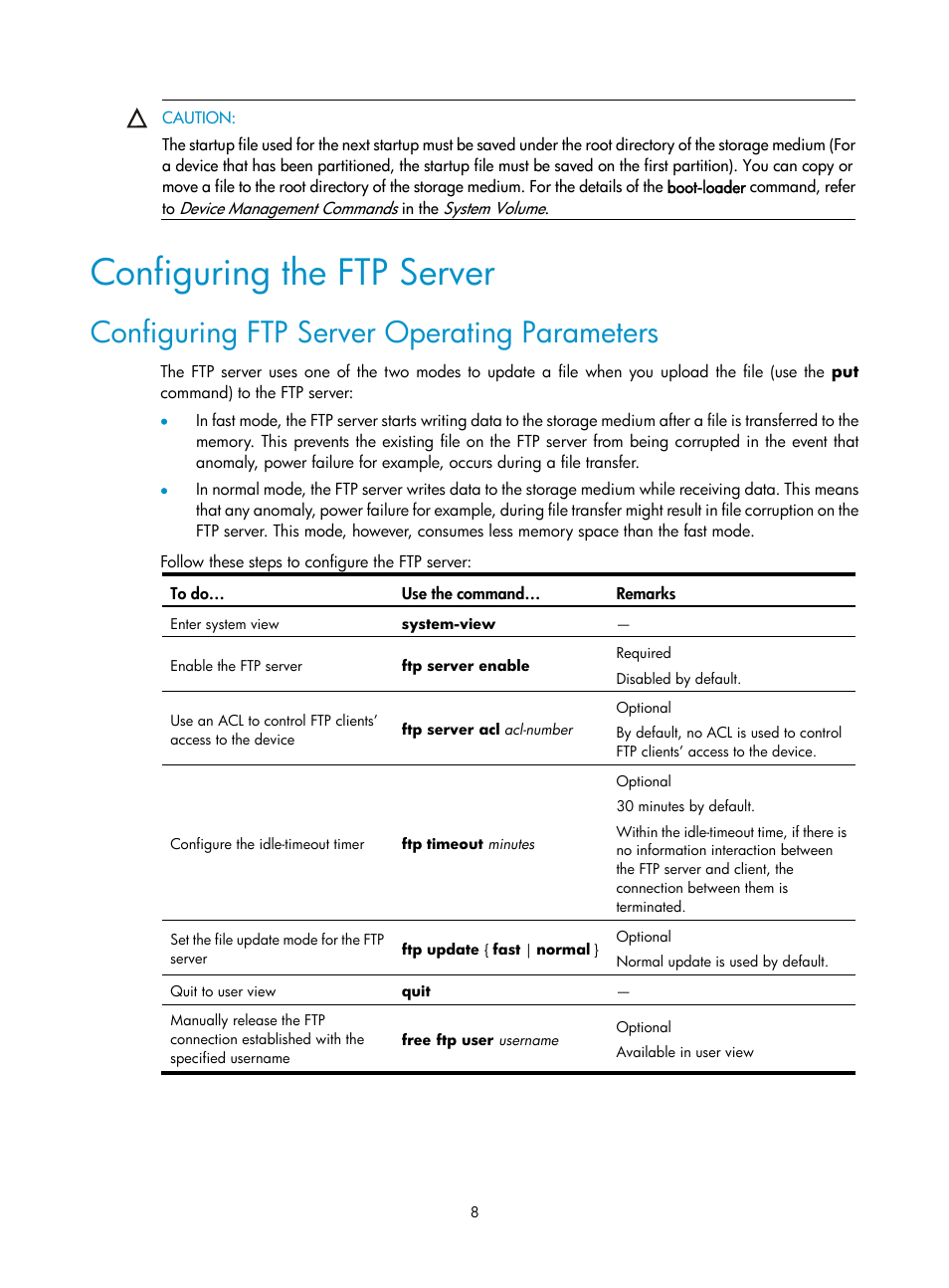 Configuring the ftp server, Configuring ftp server operating parameters | H3C Technologies H3C SecPath F1000-E User Manual | Page 138 / 198