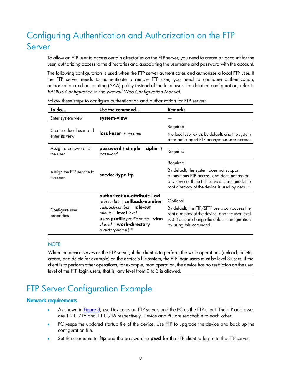 Ftp server configuration example, Network requirements | H3C Technologies H3C SecPath F1000-E User Manual | Page 139 / 198