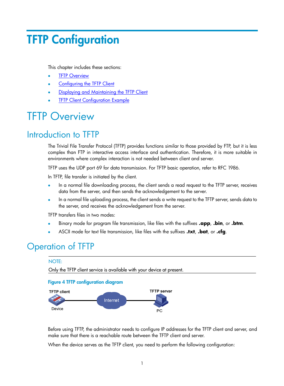 Tftp configuration, Tftp overview, Introduction to tftp | Operation of tftp | H3C Technologies H3C SecPath F1000-E User Manual | Page 142 / 198