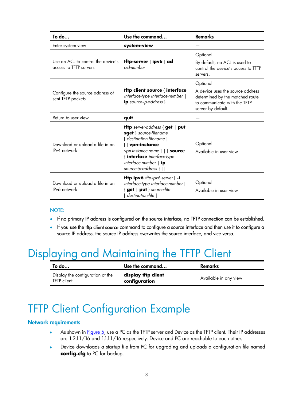 Displaying and maintaining the tftp client, Tftp client configuration example, Network requirements | H3C Technologies H3C SecPath F1000-E User Manual | Page 144 / 198