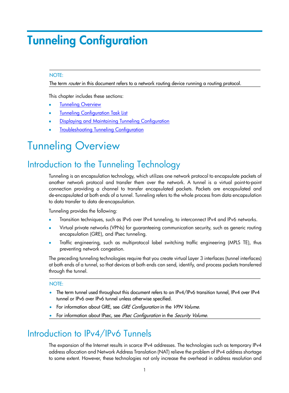 Tunneling configuration, Tunneling overview, Introduction to the tunneling technology | Introduction to ipv4/ipv6 tunnels | H3C Technologies H3C SecPath F1000-E User Manual | Page 147 / 198