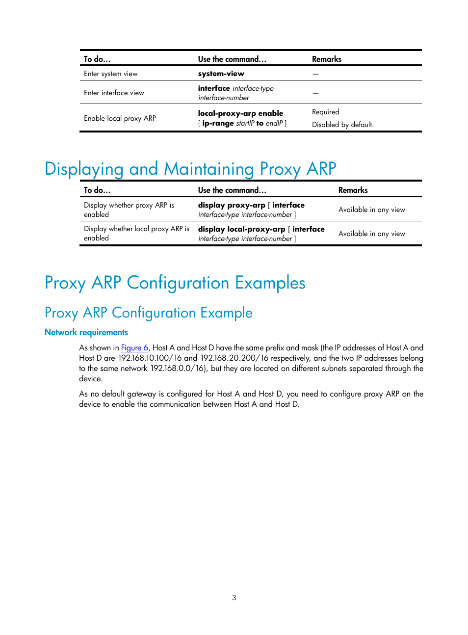 Displaying and maintaining proxy arp, Proxy arp configuration examples, Proxy arp configuration example | Network requirements | H3C Technologies H3C SecPath F1000-E User Manual | Page 15 / 198