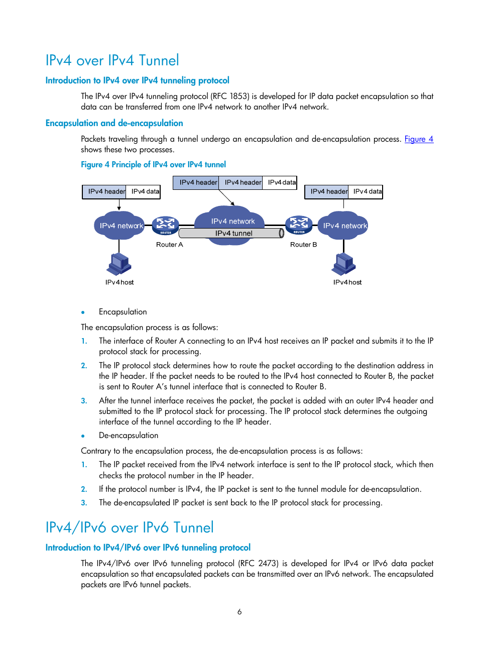 Ipv4 over ipv4 tunnel, Introduction to ipv4 over ipv4 tunneling protocol, Encapsulation and de-encapsulation | Ipv4/ipv6 over ipv6 tunnel | H3C Technologies H3C SecPath F1000-E User Manual | Page 152 / 198