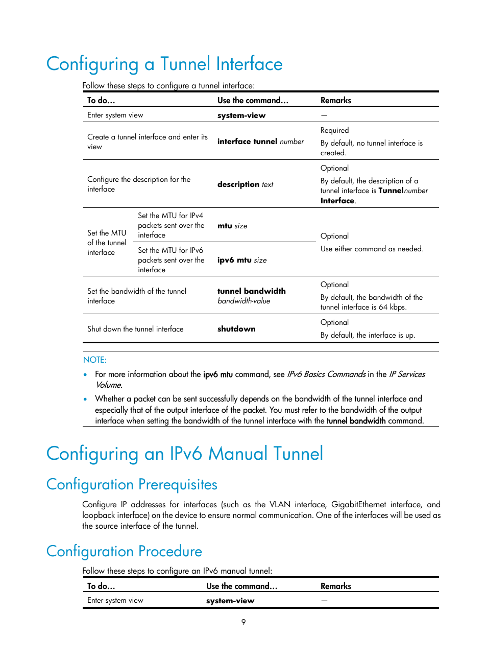 Configuring a tunnel interface, Configuring an ipv6 manual tunnel, Configuration prerequisites | Configuration procedure | H3C Technologies H3C SecPath F1000-E User Manual | Page 155 / 198