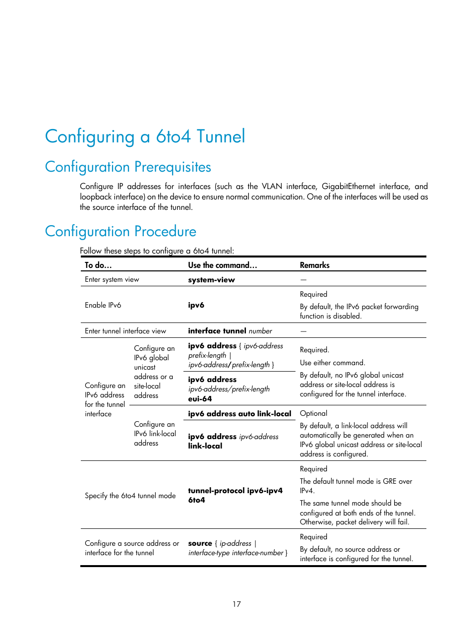 Configuring a 6to4 tunnel, Configuration prerequisites, Configuration procedure | H3C Technologies H3C SecPath F1000-E User Manual | Page 163 / 198