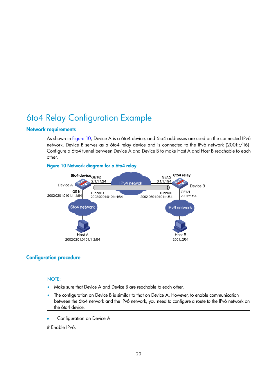 6to4 relay configuration example, Network requirements, Configuration procedure | H3C Technologies H3C SecPath F1000-E User Manual | Page 166 / 198