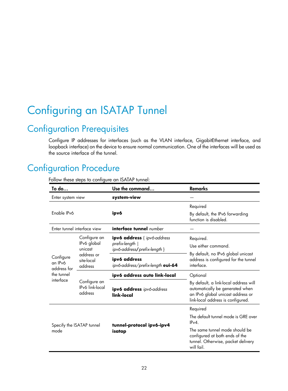 Configuring an isatap tunnel, Configuration prerequisites, Configuration procedure | H3C Technologies H3C SecPath F1000-E User Manual | Page 168 / 198