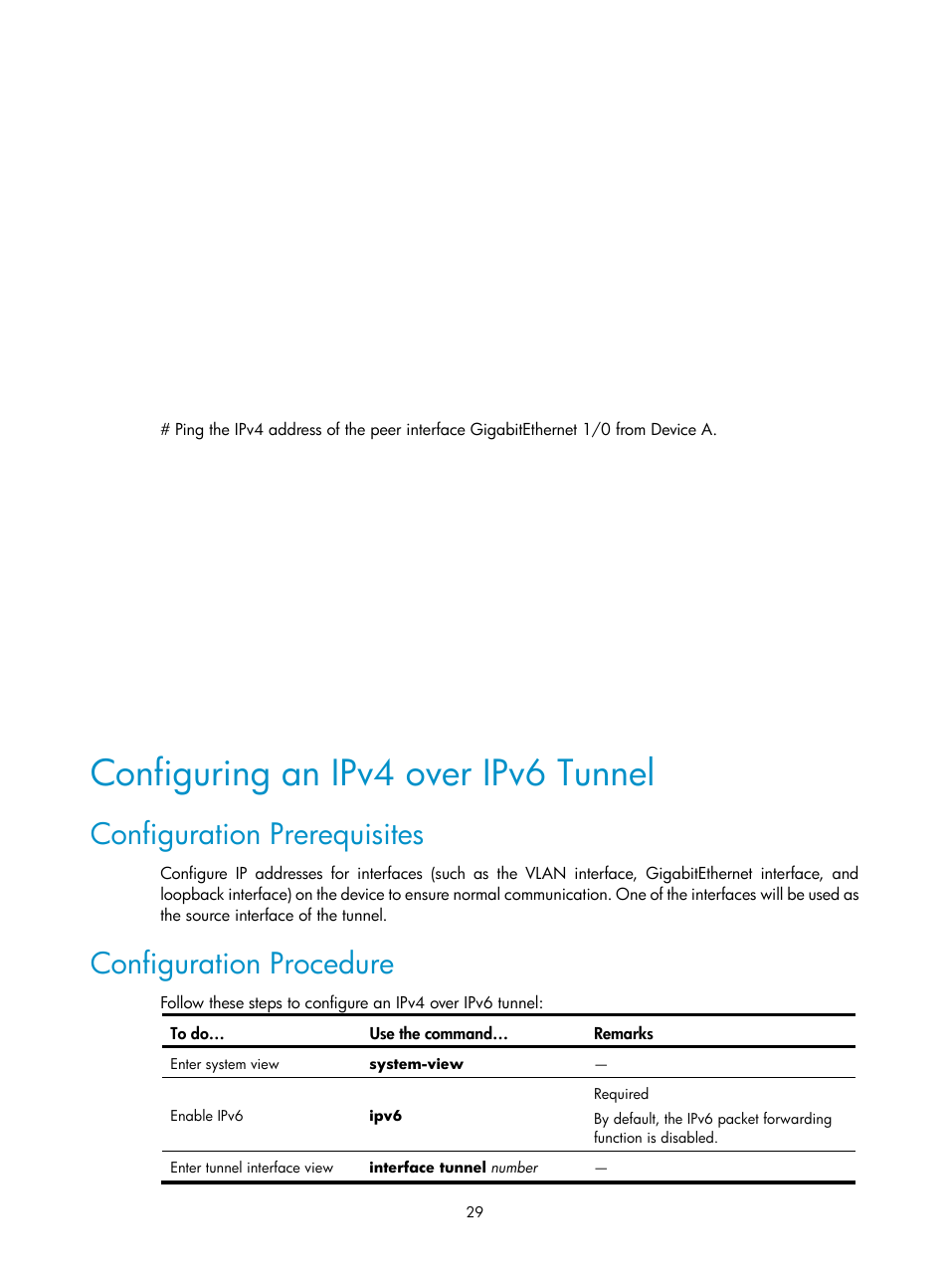 Configuring an ipv4 over ipv6 tunnel, Configuration prerequisites, Configuration procedure | H3C Technologies H3C SecPath F1000-E User Manual | Page 175 / 198