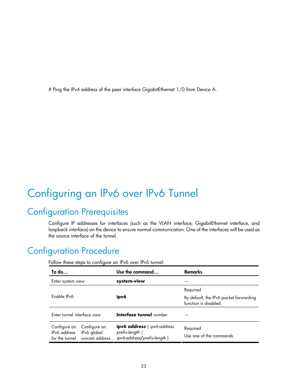 Configuring an ipv6 over ipv6 tunnel, Configuration prerequisites, Configuration procedure | H3C Technologies H3C SecPath F1000-E User Manual | Page 179 / 198