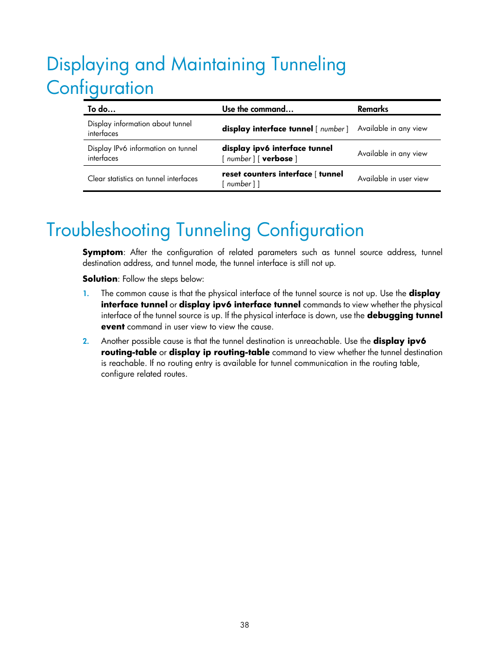 Displaying and maintaining tunneling configuration, Troubleshooting tunneling configuration | H3C Technologies H3C SecPath F1000-E User Manual | Page 184 / 198