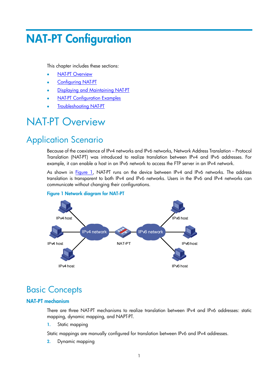 Nat-pt configuration, Nat-pt overview, Application scenario | Basic concepts, Nat-pt mechanism | H3C Technologies H3C SecPath F1000-E User Manual | Page 186 / 198