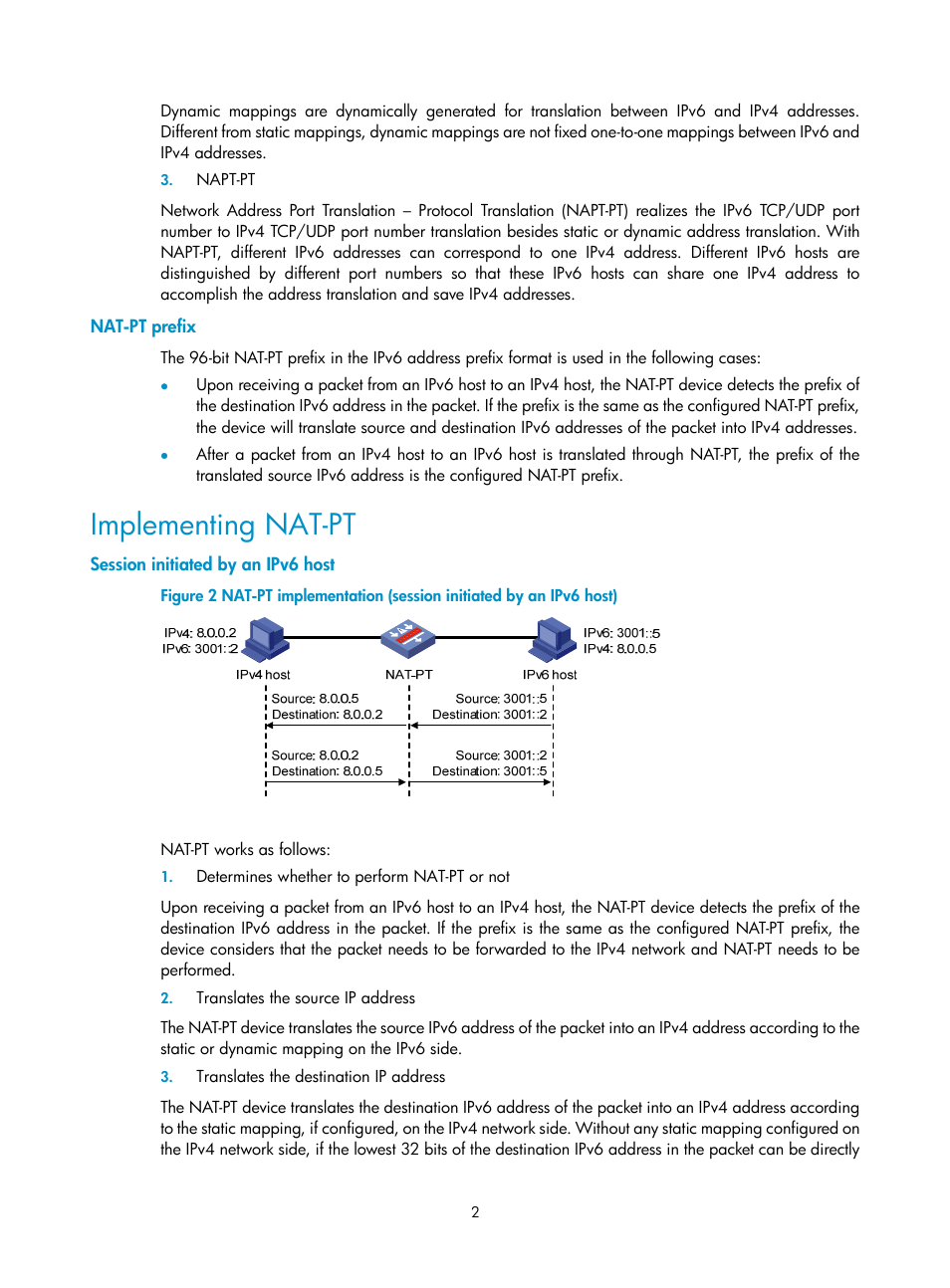 Nat-pt prefix, Implementing nat-pt, Session initiated by an ipv6 host | H3C Technologies H3C SecPath F1000-E User Manual | Page 187 / 198