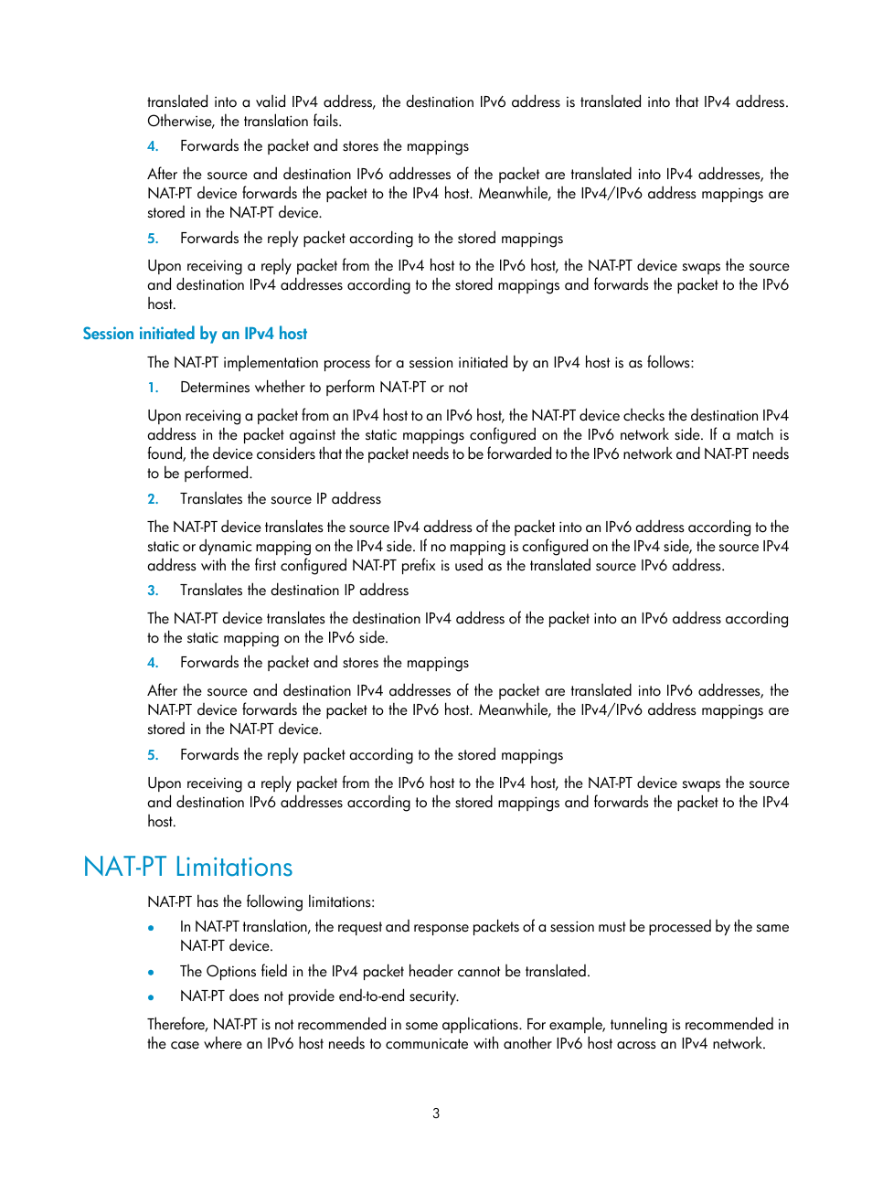 Session initiated by an ipv4 host, Nat-pt limitations | H3C Technologies H3C SecPath F1000-E User Manual | Page 188 / 198