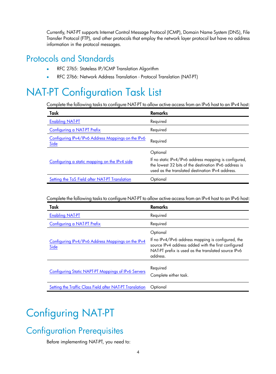 Protocols and standards, Nat-pt configuration task list, Configuring nat-pt | Configuration prerequisites | H3C Technologies H3C SecPath F1000-E User Manual | Page 189 / 198