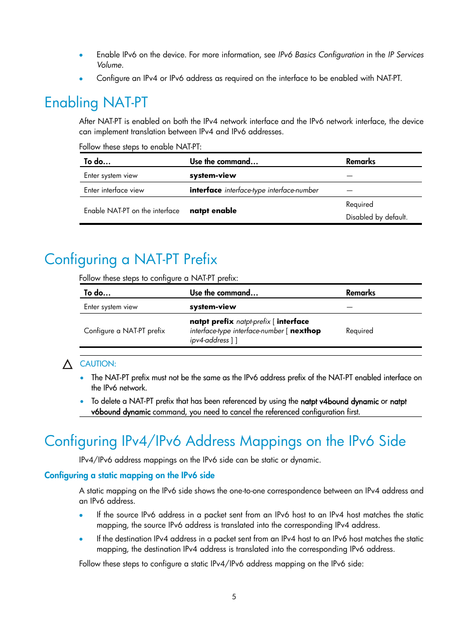 Enabling nat-pt, Configuring a nat-pt prefix, Configuring a static mapping on the ipv6 side | H3C Technologies H3C SecPath F1000-E User Manual | Page 190 / 198