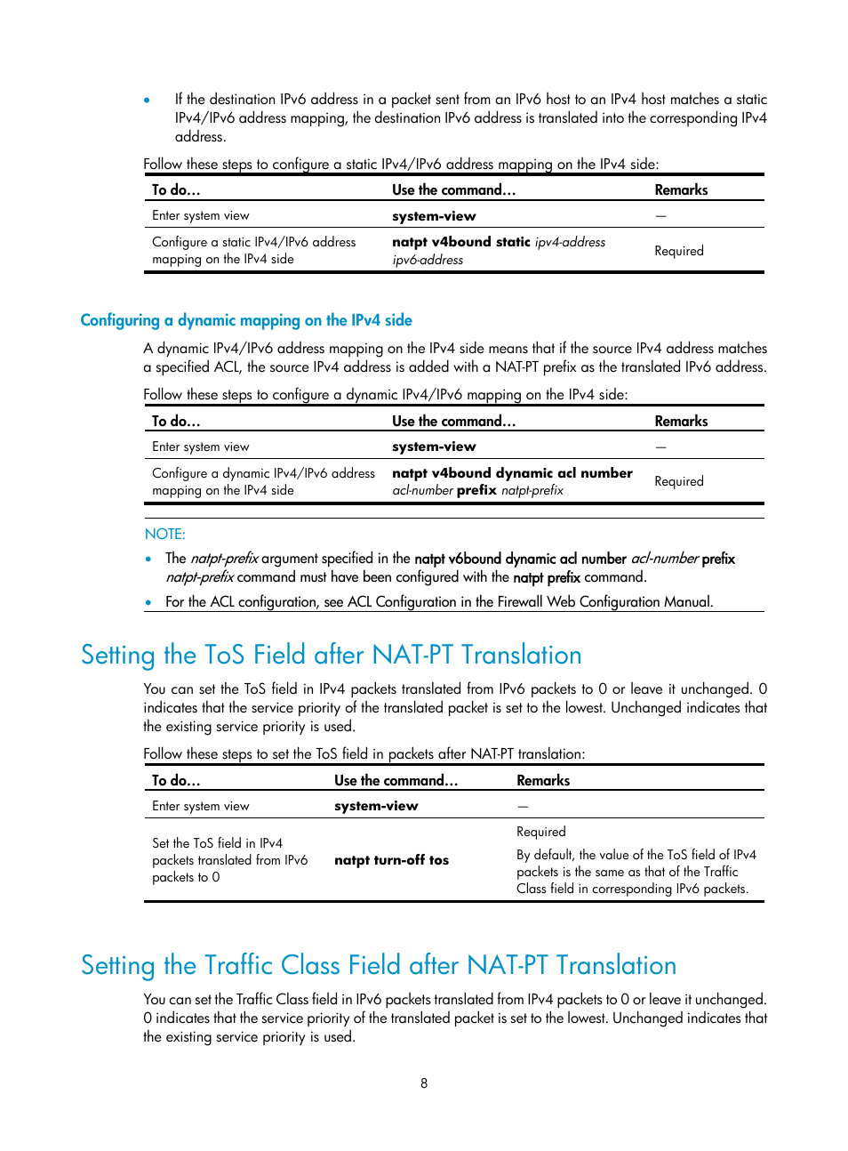 Configuring a dynamic mapping on the ipv4 side, Setting the tos field after nat-pt translation | H3C Technologies H3C SecPath F1000-E User Manual | Page 193 / 198