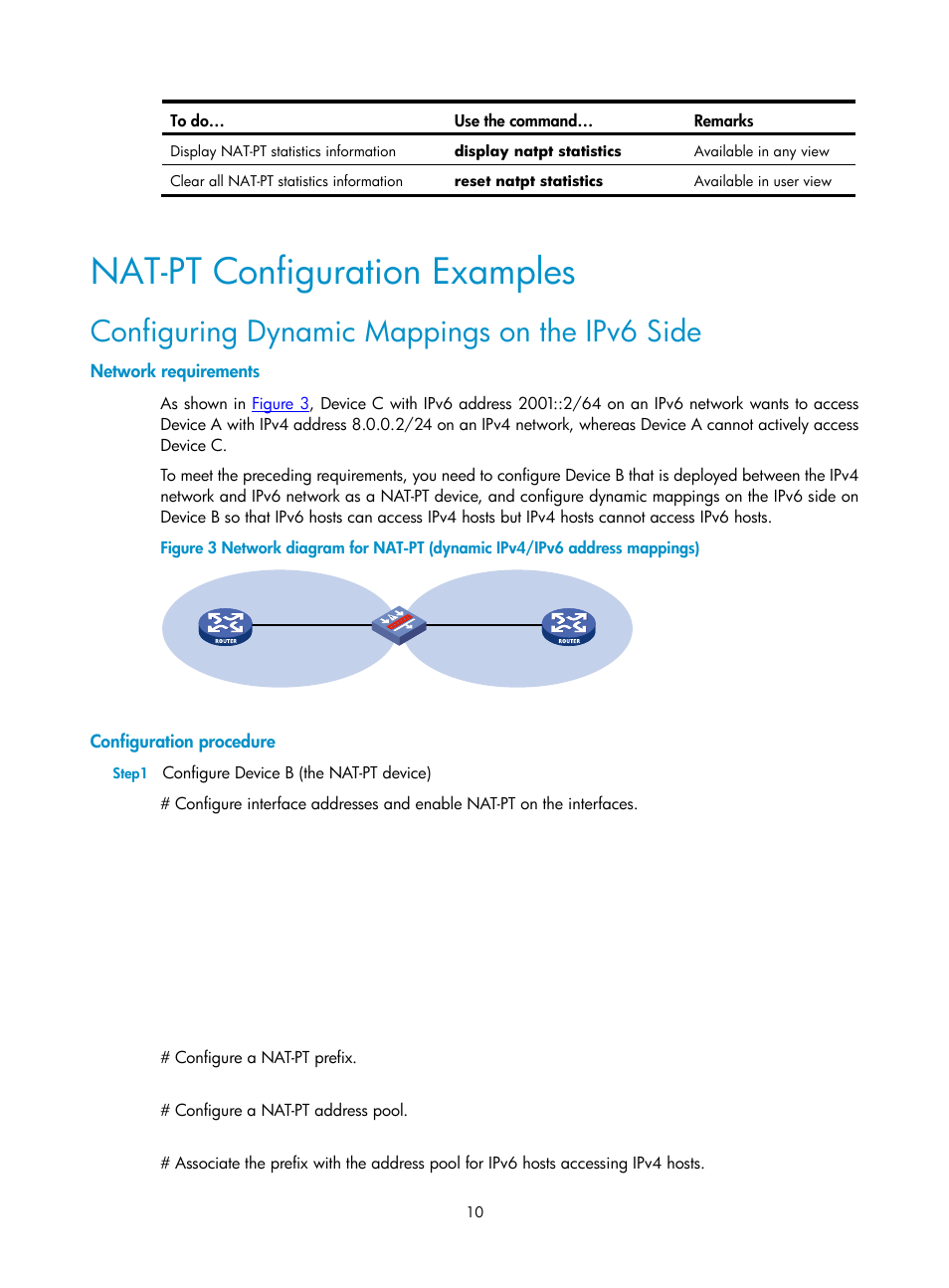 Nat-pt configuration examples, Configuring dynamic mappings on the ipv6 side, Network requirements | Configuration procedure | H3C Technologies H3C SecPath F1000-E User Manual | Page 195 / 198