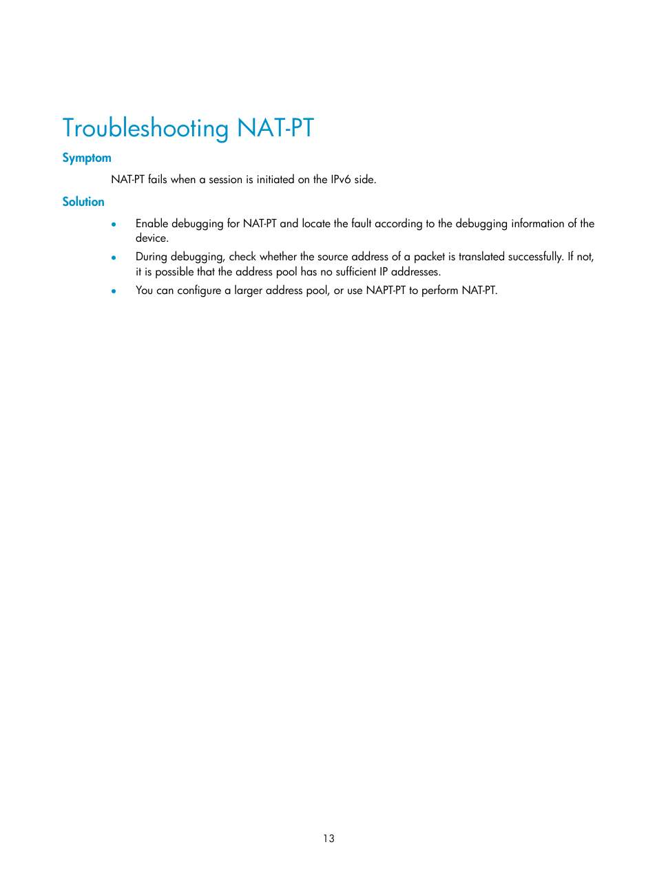 Troubleshooting nat-pt, Symptom, Solution | H3C Technologies H3C SecPath F1000-E User Manual | Page 198 / 198