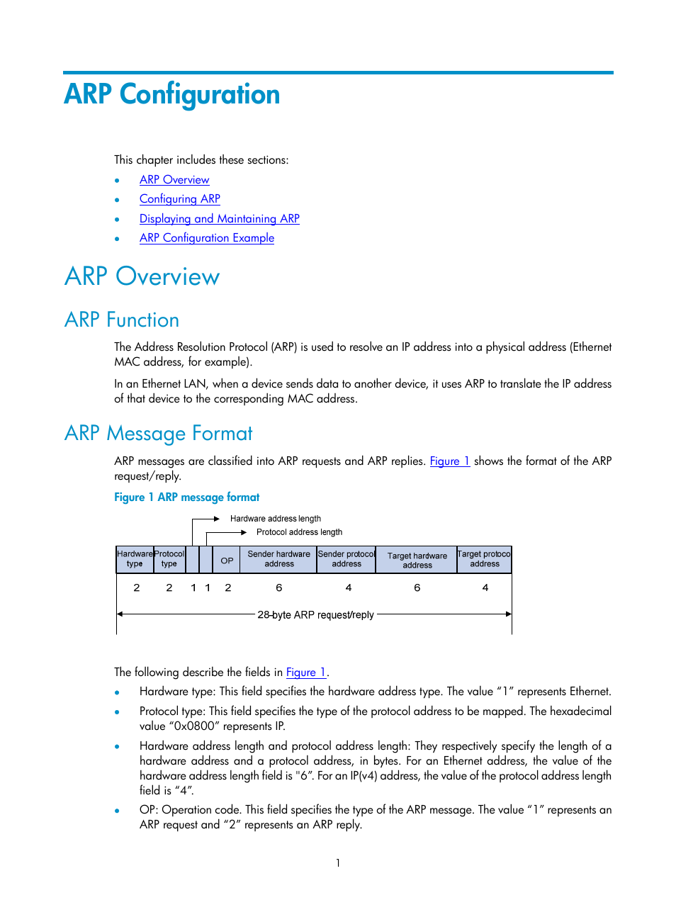 Arp configuration, Arp overview, Arp function | Arp message format | H3C Technologies H3C SecPath F1000-E User Manual | Page 2 / 198