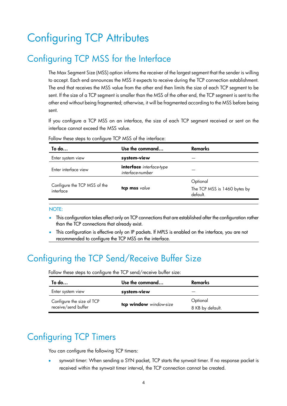 Configuring tcp attributes, Configuring tcp mss for the interface, Configuring the tcp send/receive buffer size | Configuring tcp timers | H3C Technologies H3C SecPath F1000-E User Manual | Page 24 / 198