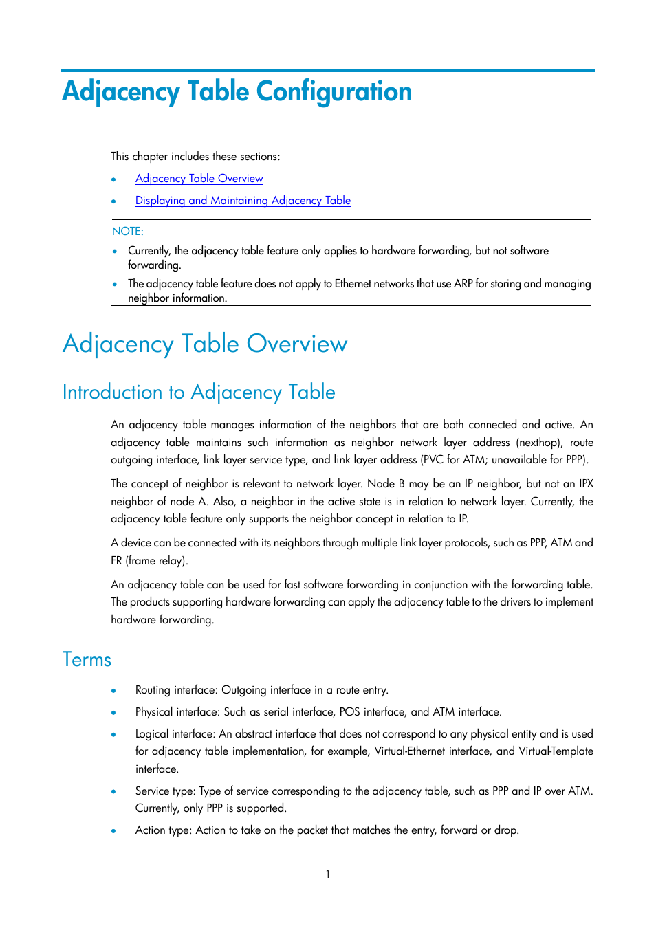 Adjacency table configuration, Adjacency table overview, Introduction to adjacency table | Terms | H3C Technologies H3C SecPath F1000-E User Manual | Page 29 / 198