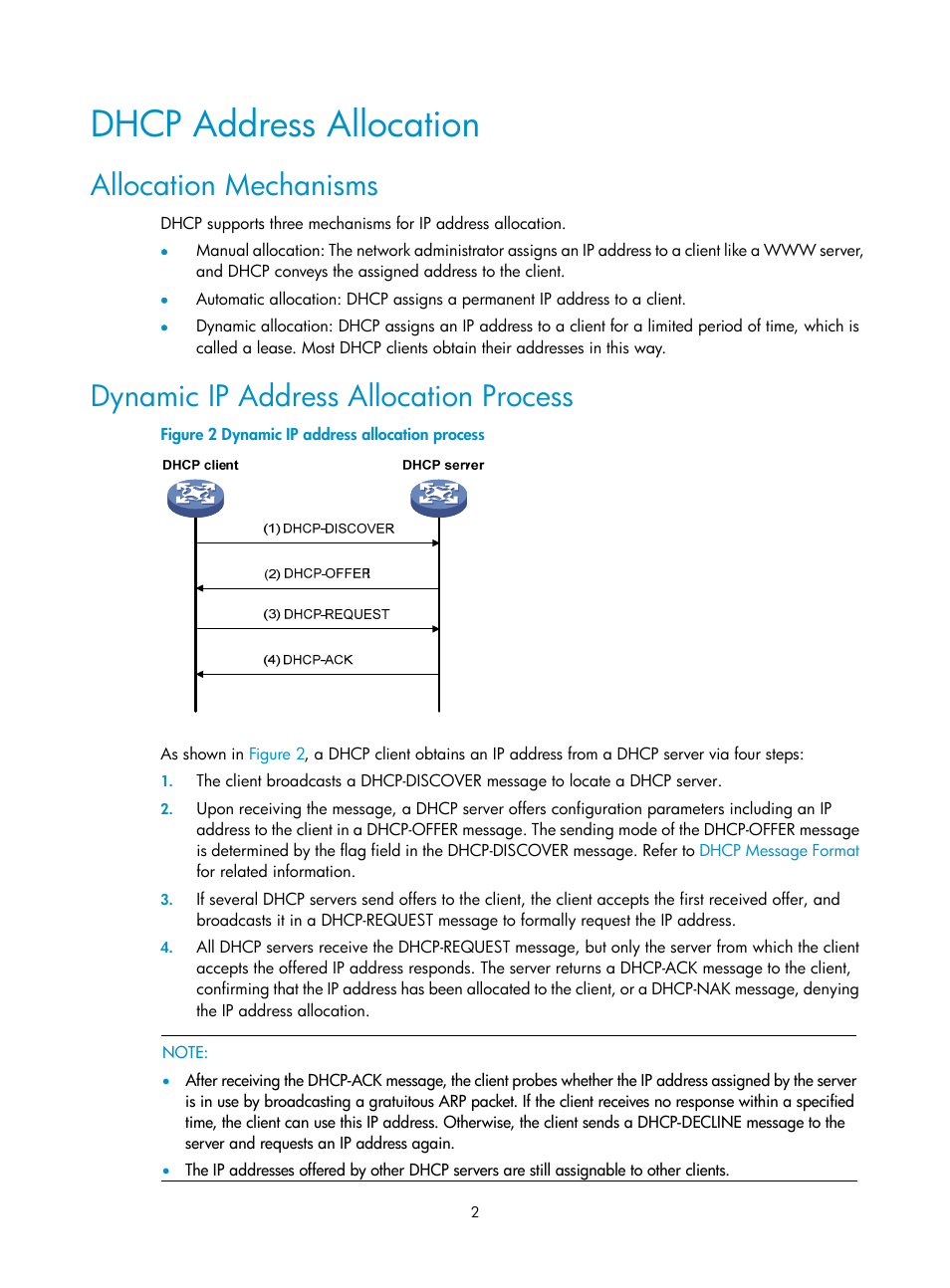 Dhcp address allocation, Allocation mechanisms, Dynamic ip address allocation process | H3C Technologies H3C SecPath F1000-E User Manual | Page 34 / 198