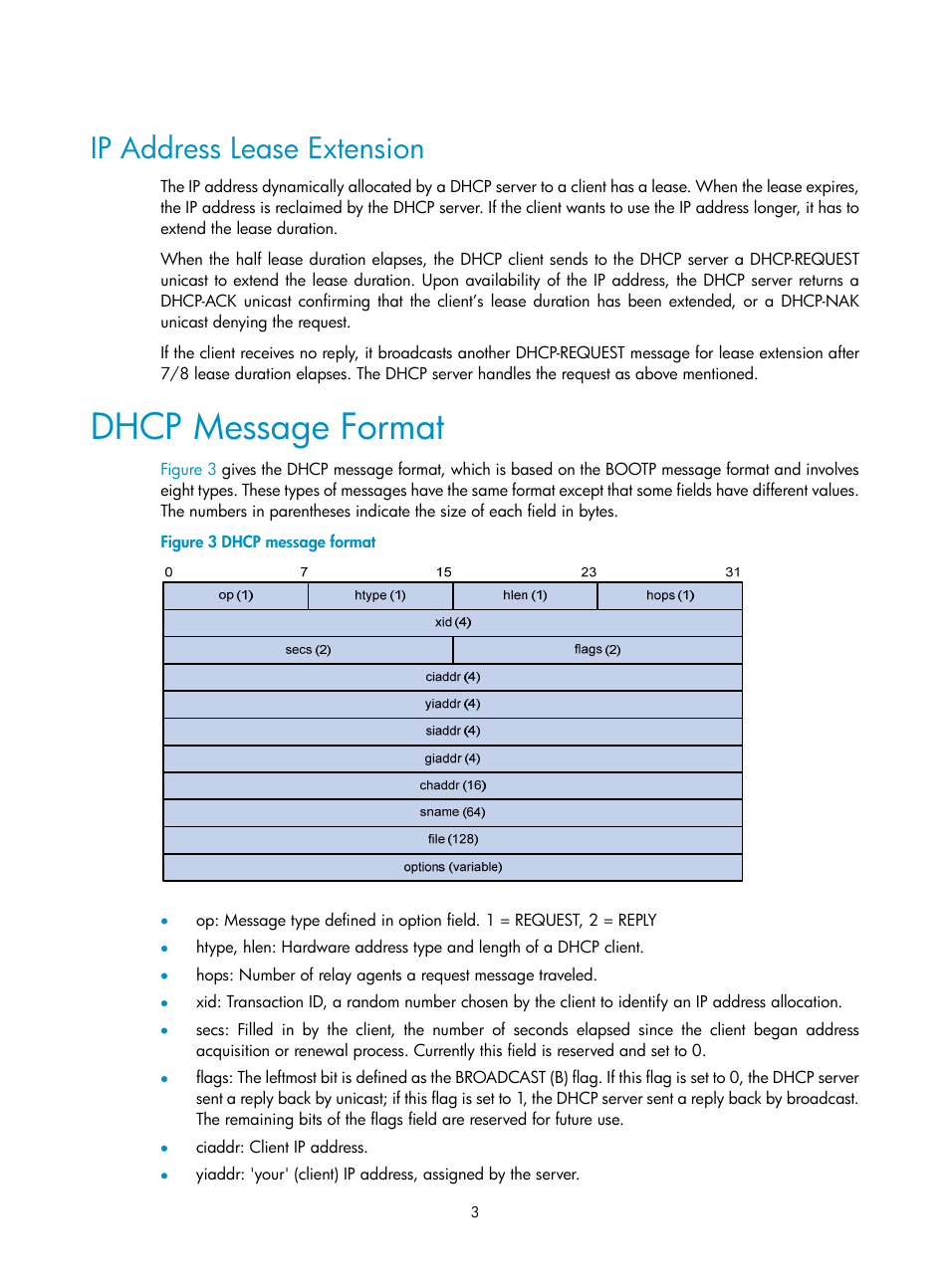 Ip address lease extension, Dhcp message format, Message. refer to | H3C Technologies H3C SecPath F1000-E User Manual | Page 35 / 198