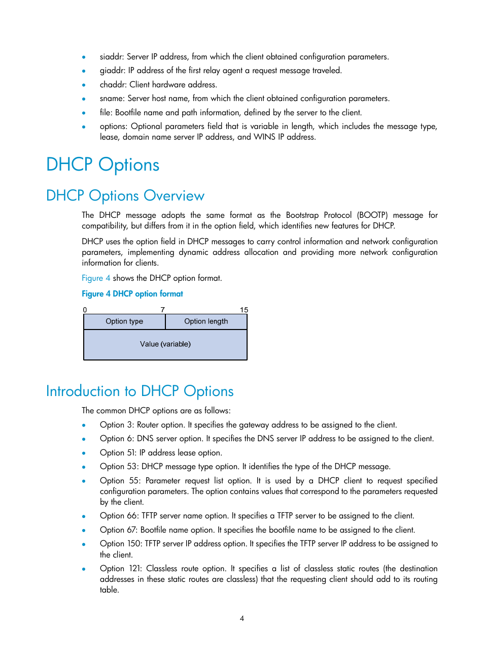 Dhcp options, Dhcp options overview, Introduction to dhcp options | H3C Technologies H3C SecPath F1000-E User Manual | Page 36 / 198