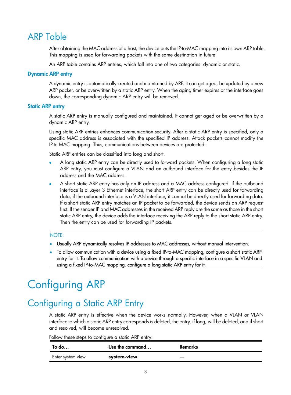 Arp table, Dynamic arp entry, Static arp entry | Configuring arp, Configuring a static arp entry | H3C Technologies H3C SecPath F1000-E User Manual | Page 4 / 198