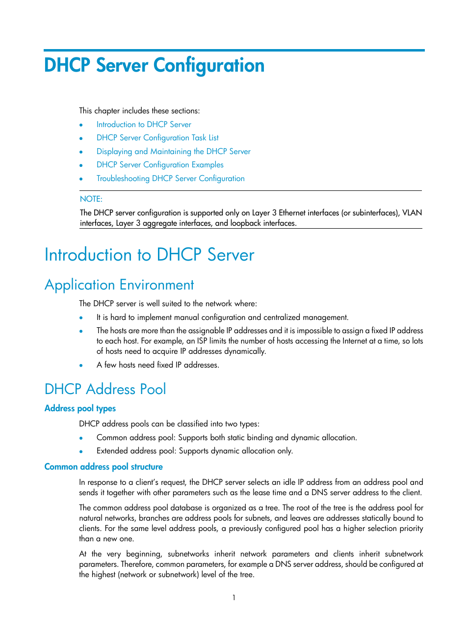 Dhcp server configuration, Introduction to dhcp server, Application environment | Dhcp address pool, Address pool types, Common address pool structure | H3C Technologies H3C SecPath F1000-E User Manual | Page 41 / 198