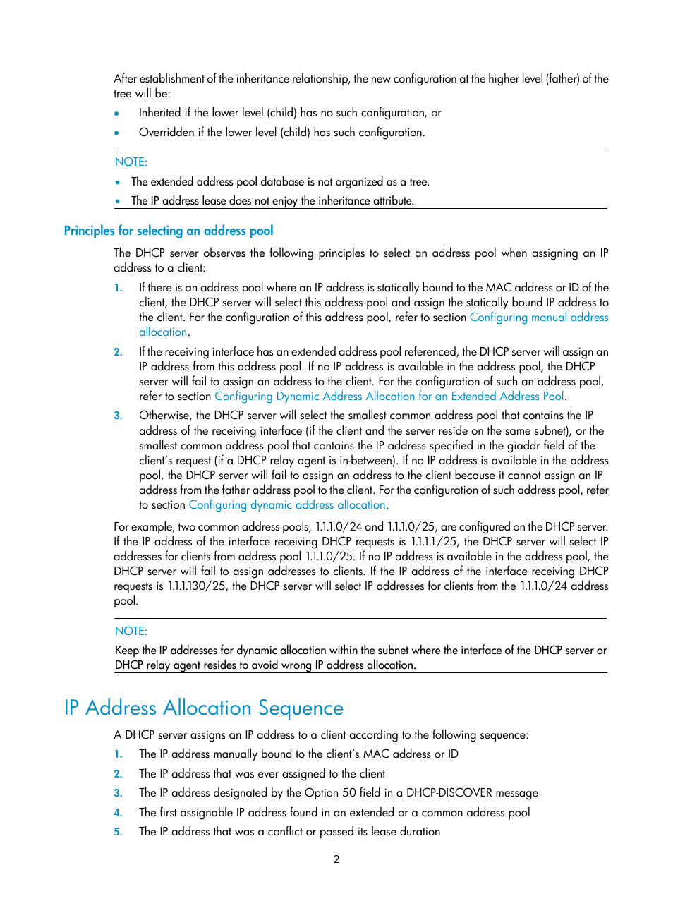 Principles for selecting an address pool, Ip address allocation sequence | H3C Technologies H3C SecPath F1000-E User Manual | Page 42 / 198