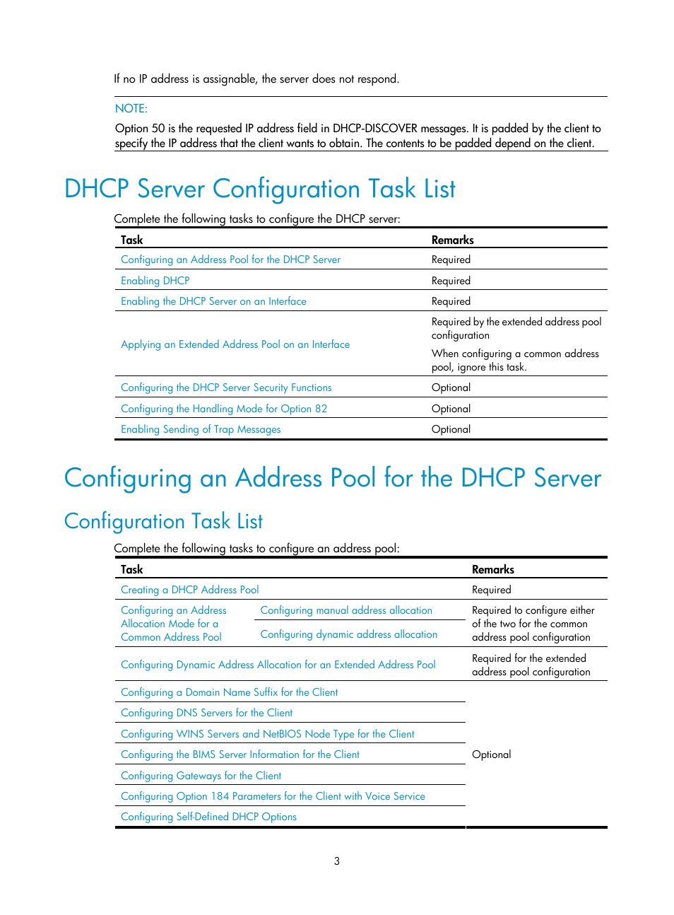 Dhcp server configuration task list, Configuring an address pool for the dhcp server, Configuration task list | H3C Technologies H3C SecPath F1000-E User Manual | Page 43 / 198