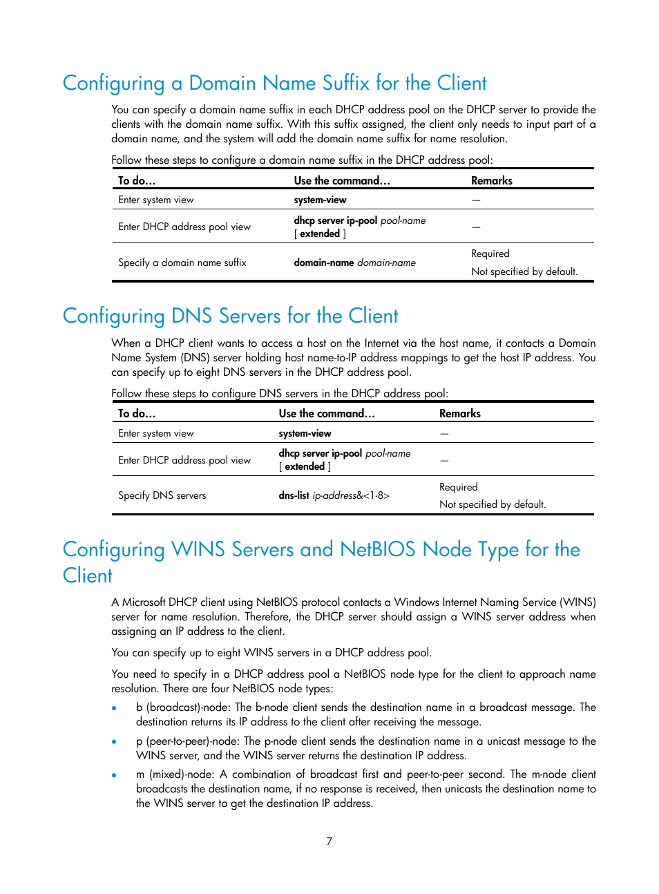 Configuring a domain name suffix for the client, Configuring dns servers for the client | H3C Technologies H3C SecPath F1000-E User Manual | Page 47 / 198