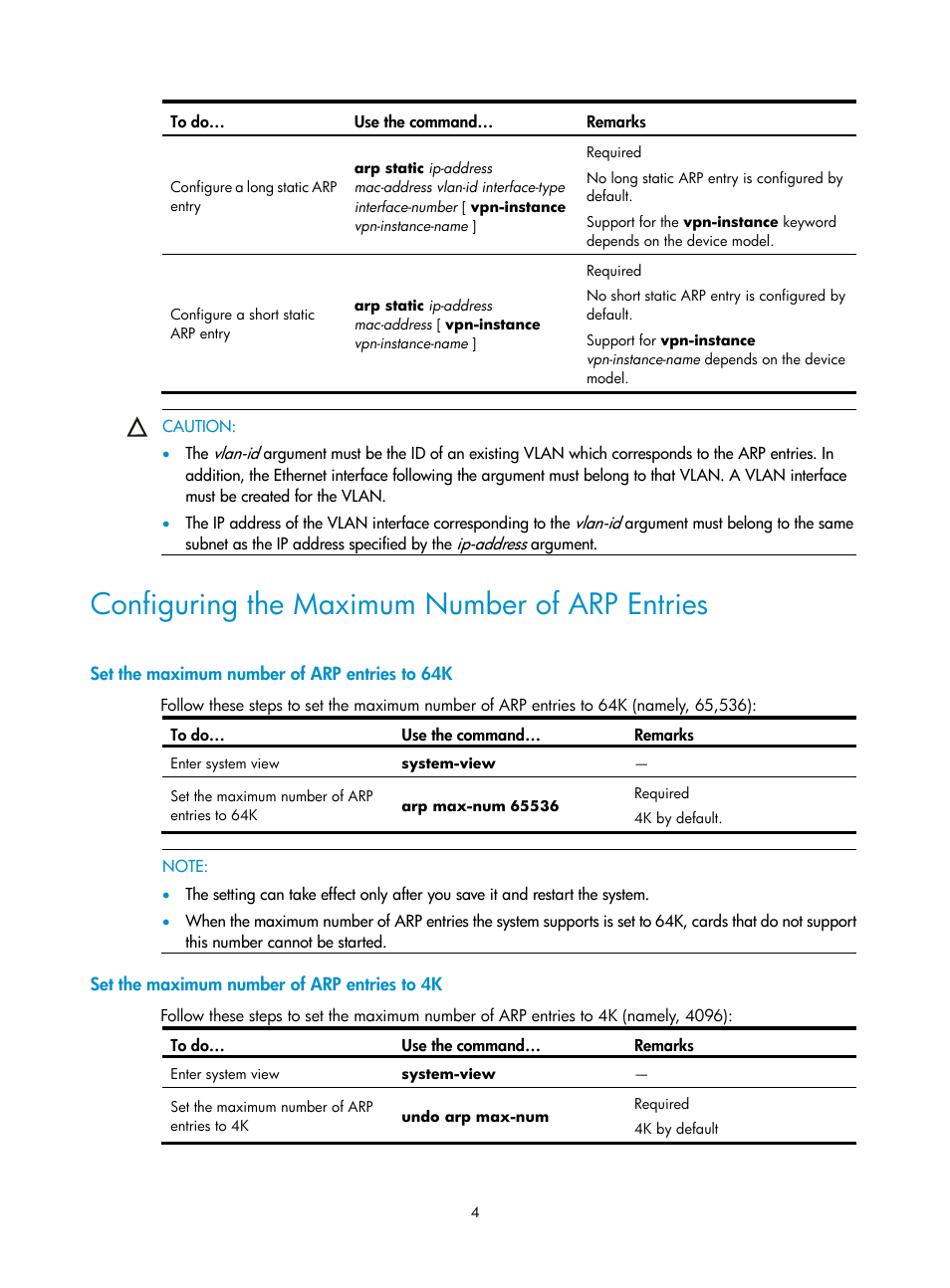 Configuring the maximum number of arp entries, Set the maximum number of arp entries to 64k, Set the maximum number of arp entries to 4k | H3C Technologies H3C SecPath F1000-E User Manual | Page 5 / 198