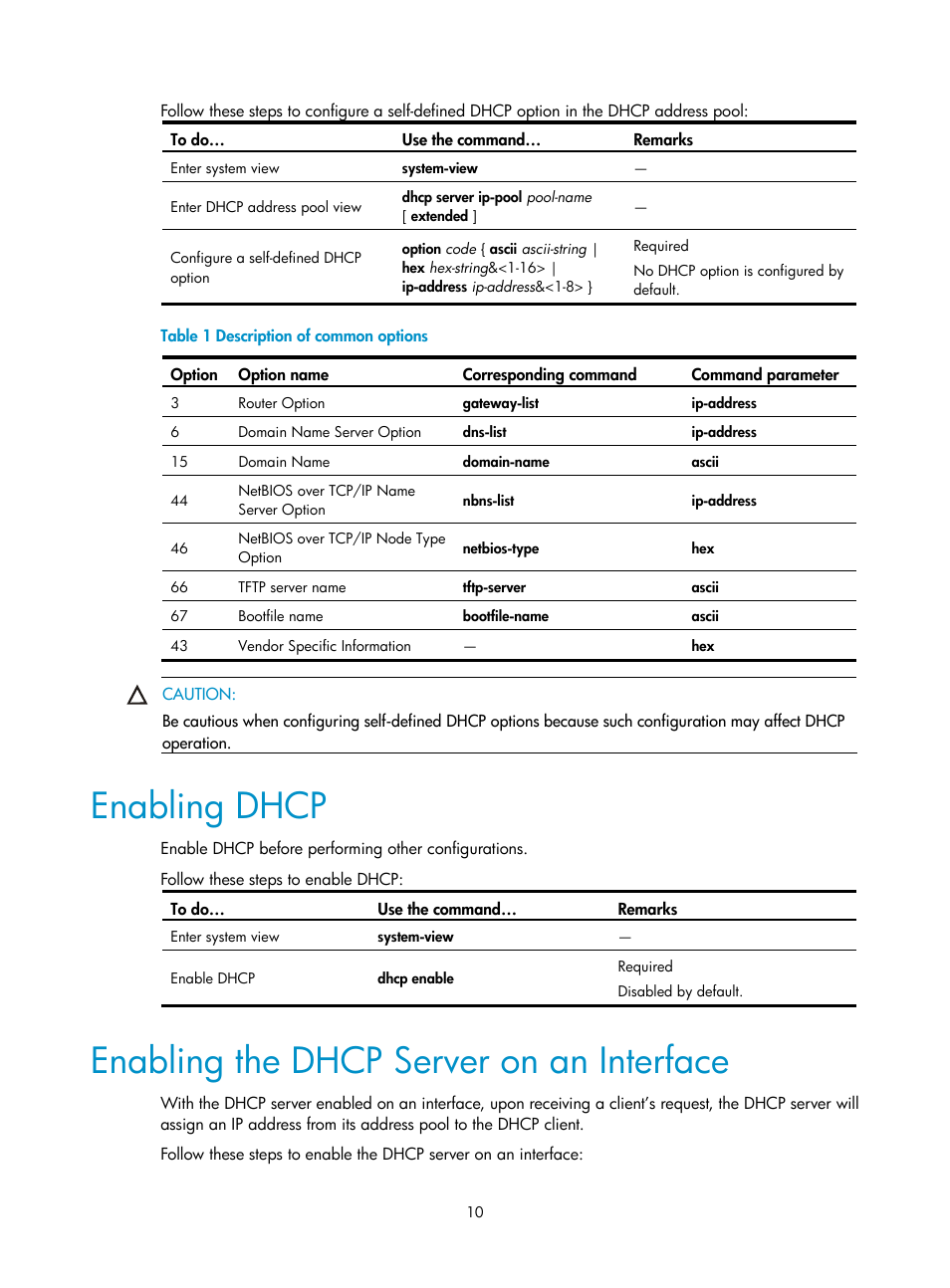 Enabling dhcp, Enabling the dhcp server on an interface | H3C Technologies H3C SecPath F1000-E User Manual | Page 50 / 198