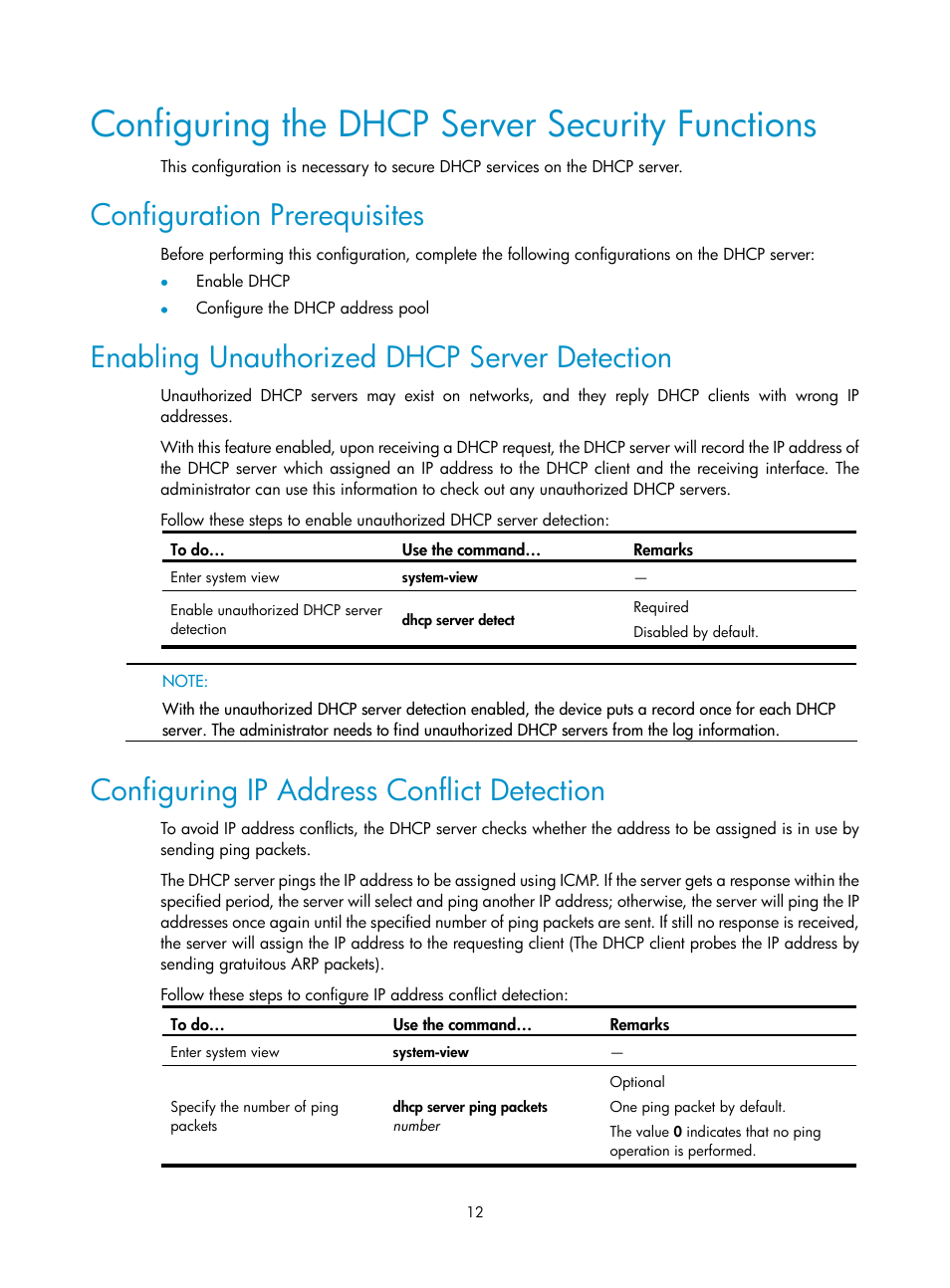 Configuring the dhcp server security functions, Configuration prerequisites, Enabling unauthorized dhcp server detection | Configuring ip address conflict detection | H3C Technologies H3C SecPath F1000-E User Manual | Page 52 / 198