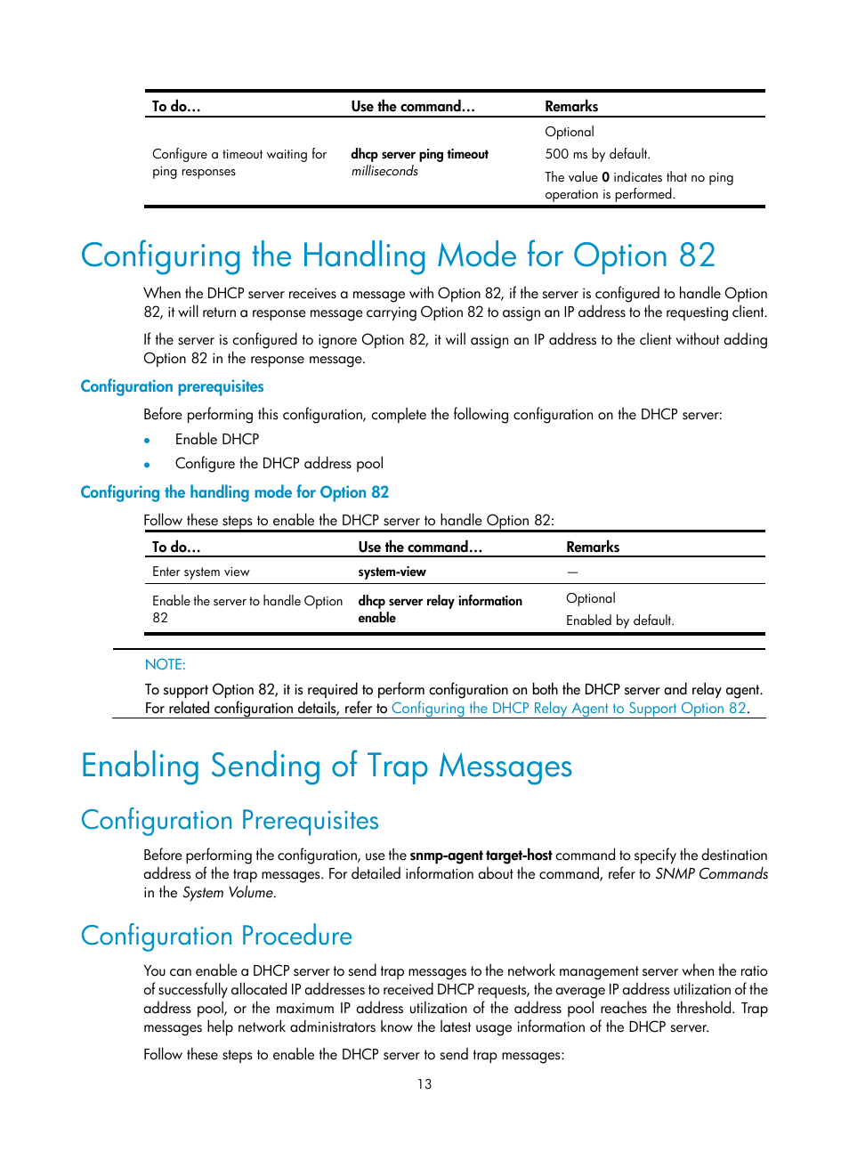 Configuring the handling mode for option 82, Configuration prerequisites, Enabling sending of trap messages | Configuration procedure | H3C Technologies H3C SecPath F1000-E User Manual | Page 53 / 198