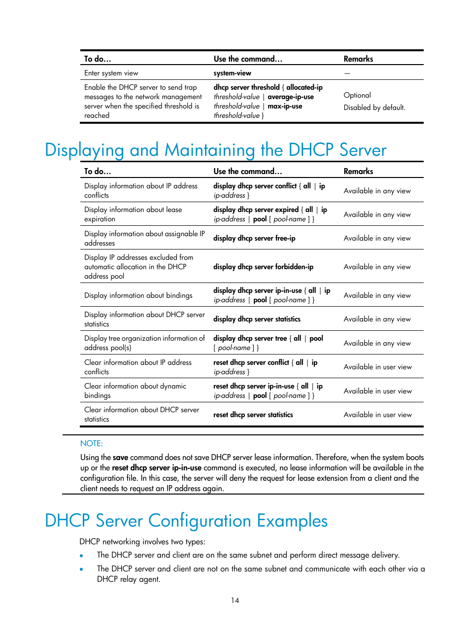 Displaying and maintaining the dhcp server, Dhcp server configuration examples | H3C Technologies H3C SecPath F1000-E User Manual | Page 54 / 198