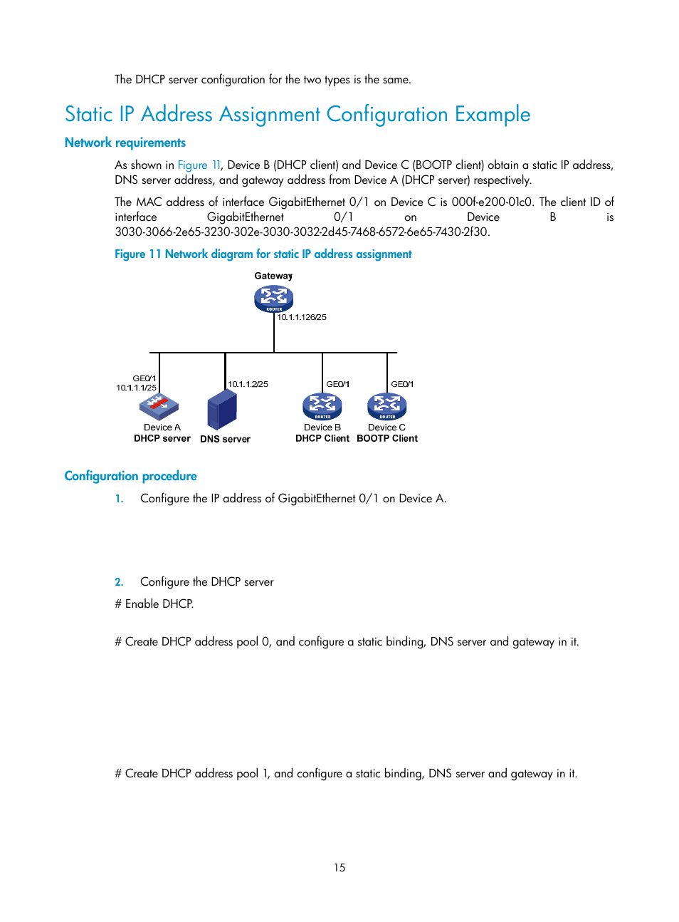 Static ip address assignment configuration example, Network requirements, Configuration procedure | H3C Technologies H3C SecPath F1000-E User Manual | Page 55 / 198