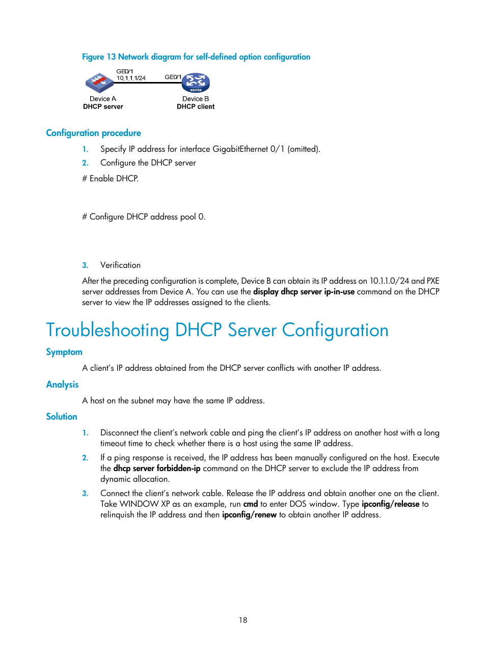 Configuration procedure, Troubleshooting dhcp server configuration, Symptom | Analysis, Solution, Figure 13 | H3C Technologies H3C SecPath F1000-E User Manual | Page 58 / 198