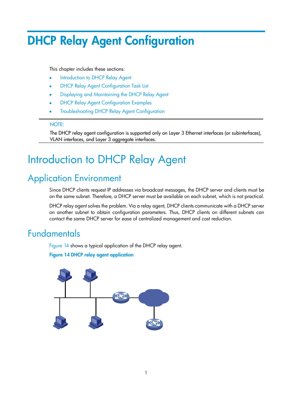 Dhcp relay agent configuration, Introduction to dhcp relay agent, Application environment | Fundamentals, Introduction to, Dhcp relay agent | H3C Technologies H3C SecPath F1000-E User Manual | Page 59 / 198