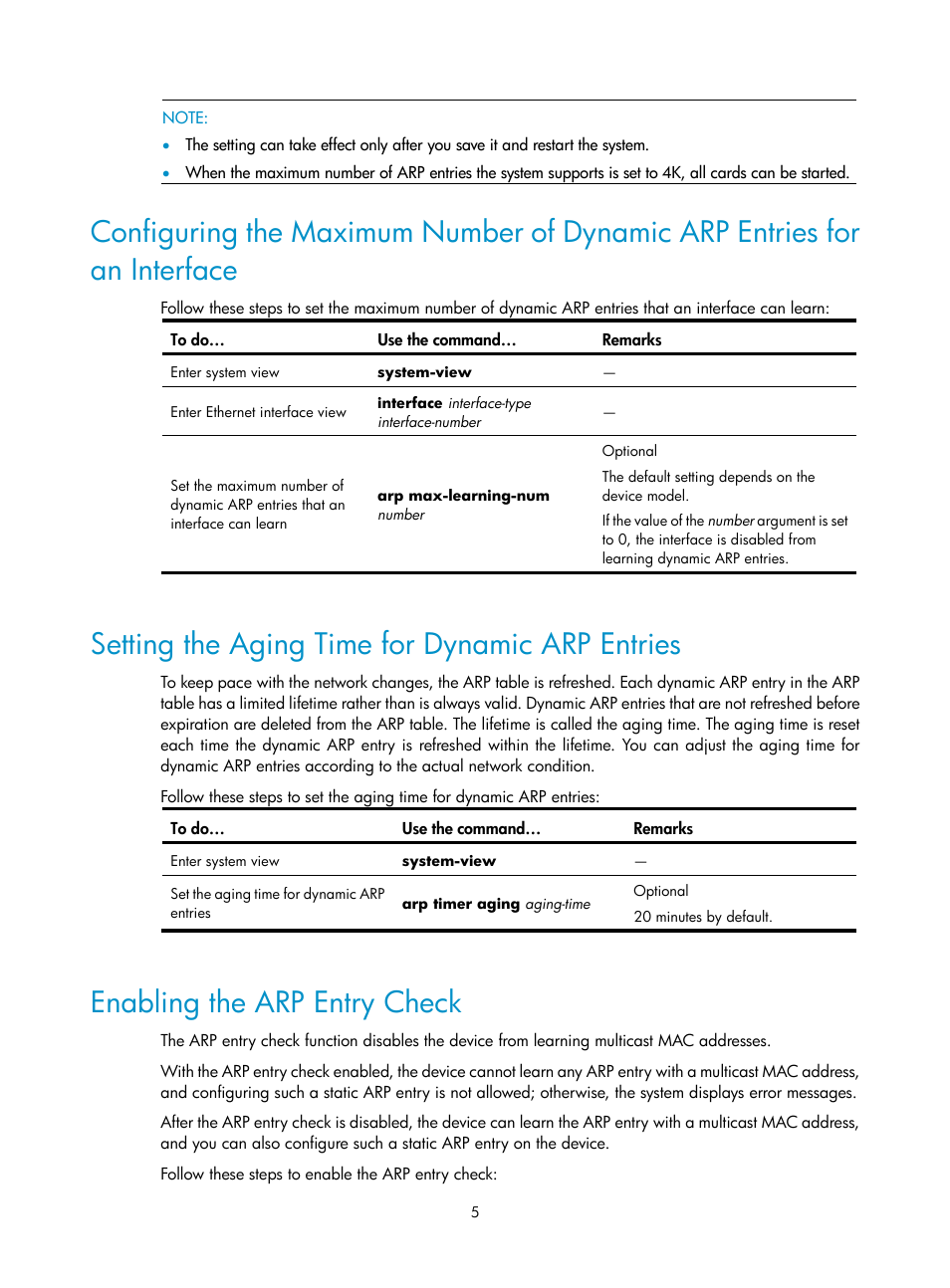 Setting the aging time for dynamic arp entries, Enabling the arp entry check | H3C Technologies H3C SecPath F1000-E User Manual | Page 6 / 198