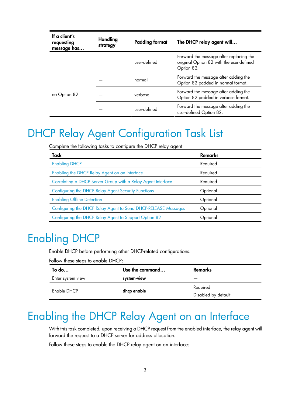 Dhcp relay agent configuration task list, Enabling dhcp, Enabling the dhcp relay agent on an interface | H3C Technologies H3C SecPath F1000-E User Manual | Page 61 / 198