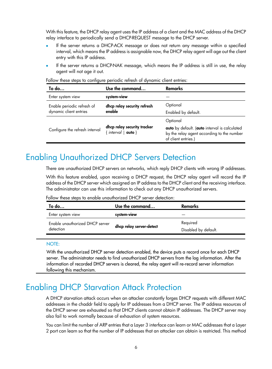 Enabling unauthorized dhcp servers detection, Enabling dhcp starvation attack protection | H3C Technologies H3C SecPath F1000-E User Manual | Page 64 / 198