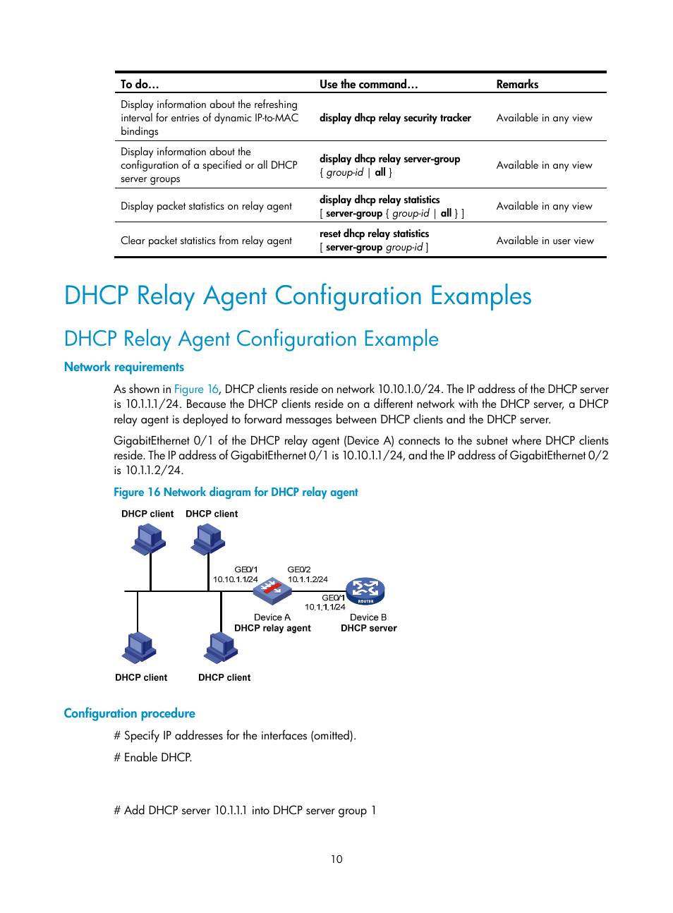 Dhcp relay agent configuration examples, Dhcp relay agent configuration example, Network requirements | Configuration procedure | H3C Technologies H3C SecPath F1000-E User Manual | Page 68 / 198