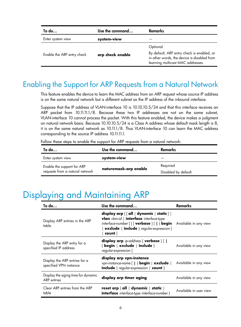 Displaying and maintaining arp | H3C Technologies H3C SecPath F1000-E User Manual | Page 7 / 198