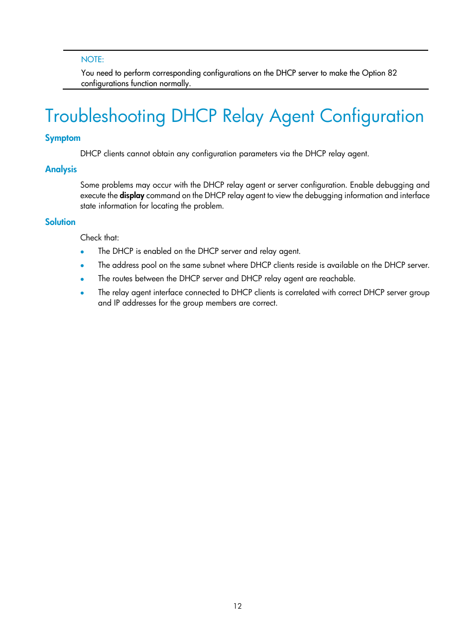 Troubleshooting dhcp relay agent configuration, Symptom, Analysis | Solution | H3C Technologies H3C SecPath F1000-E User Manual | Page 70 / 198