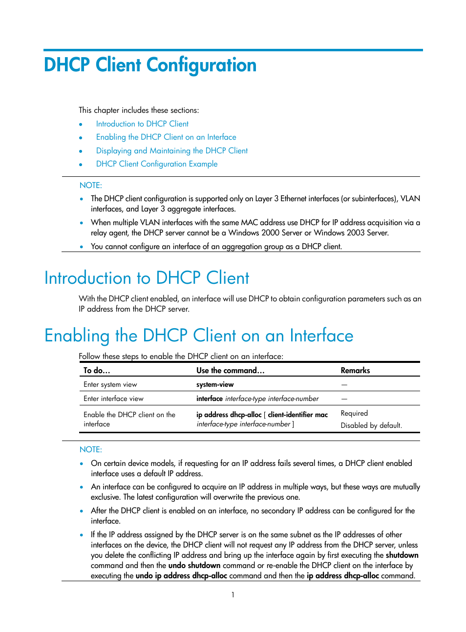 Dhcp client configuration, Introduction to dhcp client, Enabling the dhcp client on an interface | H3C Technologies H3C SecPath F1000-E User Manual | Page 71 / 198