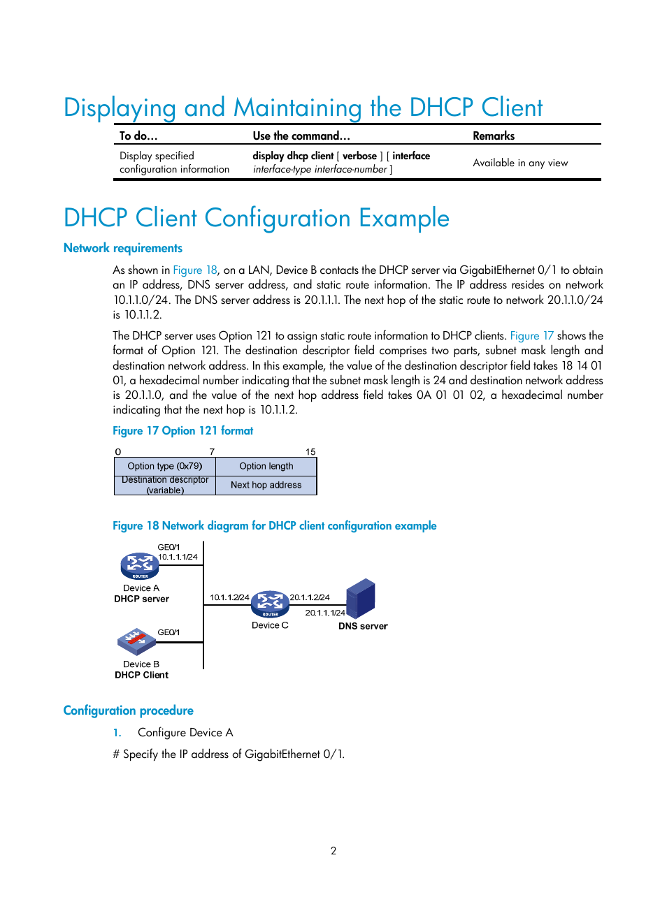 Displaying and maintaining the dhcp client, Dhcp client configuration example, Network requirements | Configuration procedure | H3C Technologies H3C SecPath F1000-E User Manual | Page 72 / 198